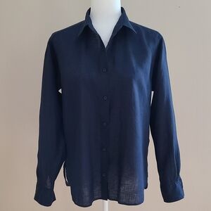 New Uniqlo Women's Dark Navy 100% Linen Button Up Blouse Top Medium